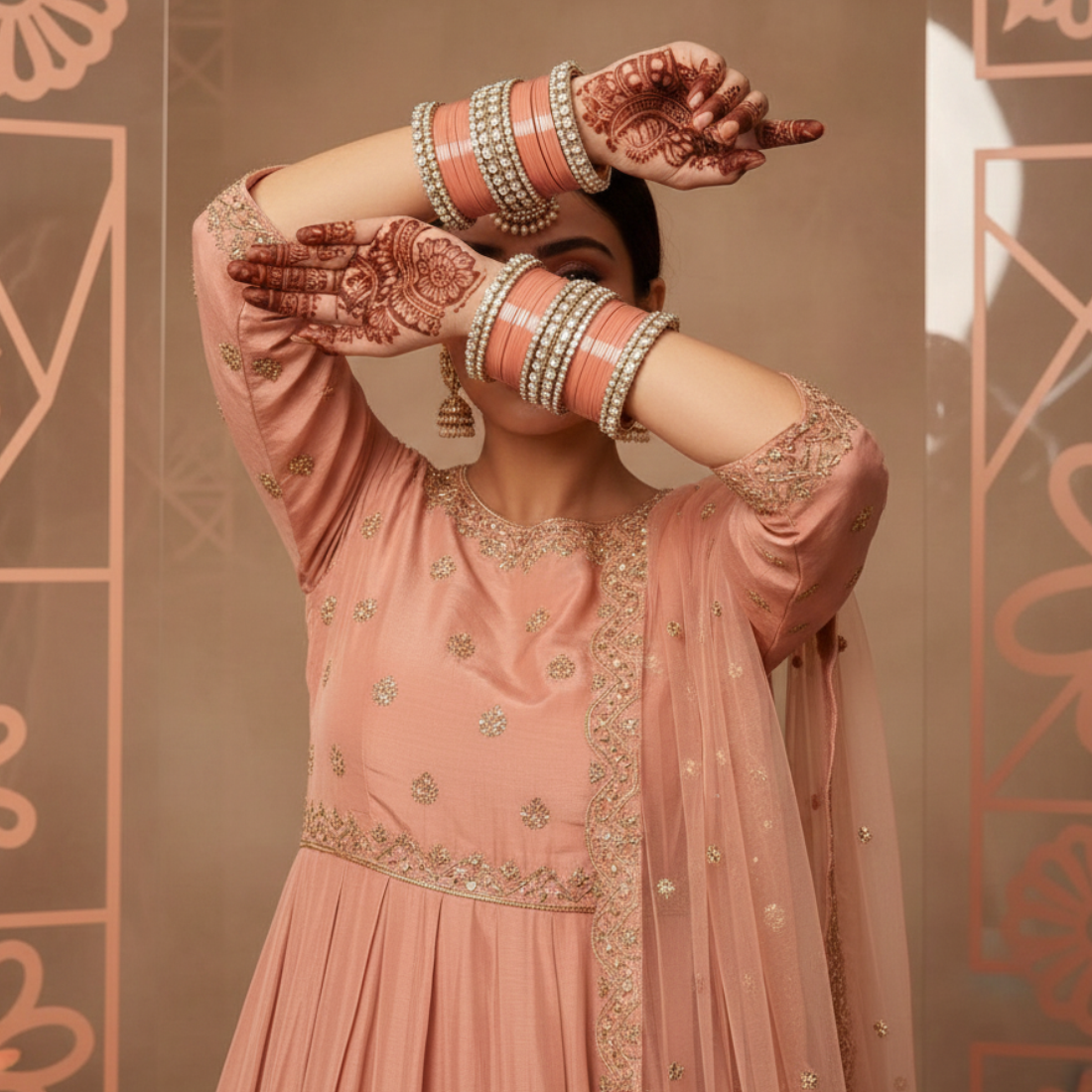 AYSIMA Mrinalika Peach Bridal Bangle Set with Floral Kadas - 56 pieces
