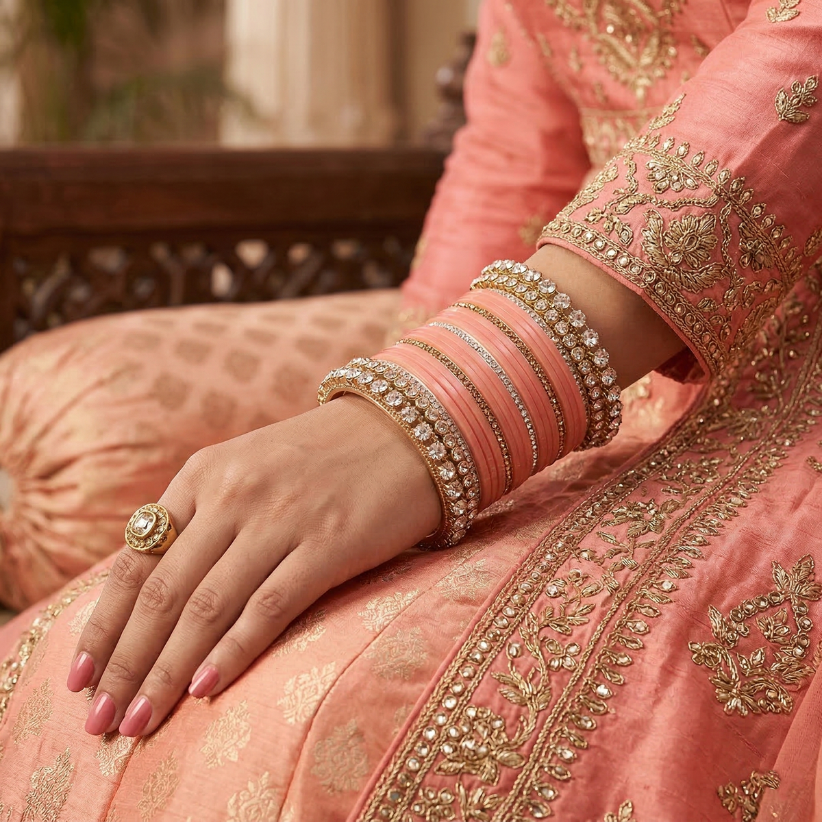AYSIMA Charulata – Peach Bridal Bangle Set with Floral Kadas | 42 Pieces