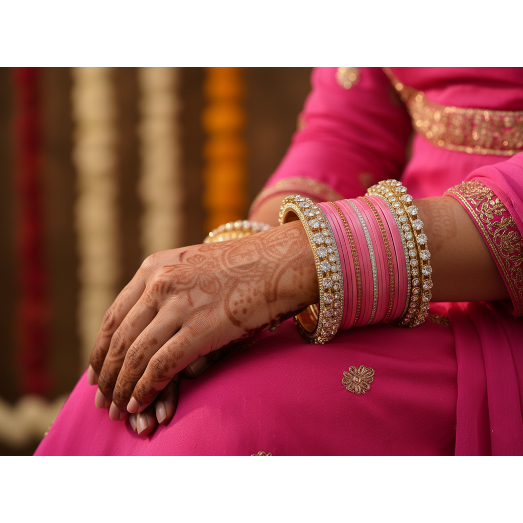 AYSIMA Mridula – Rose Pink Bridal Bangle Set with Floral Kadas | 42 Pieces