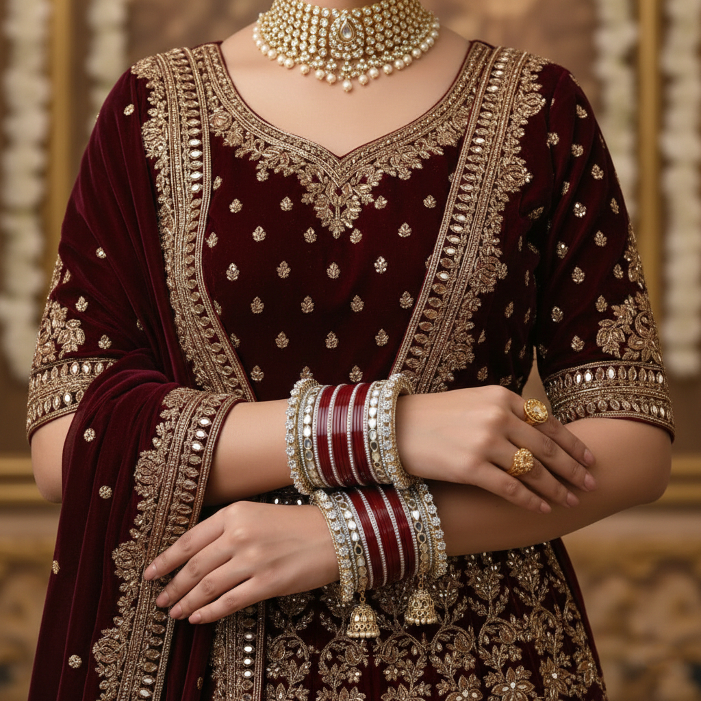 AYSIMA Maithili – Maroon Bridal Bangle Set with Mirror-Look Kadas & Jhumka Charms - 40 pieces