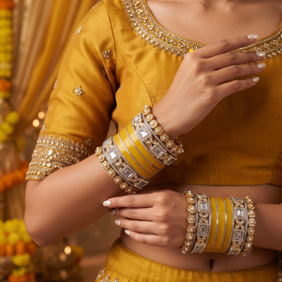 AYSIMA Sunaina – Yellow Haldi Bangle Set with Floral Kadas & Pearl-Look Accents - 40 pieces
