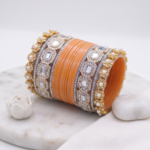 AYSIMA Amodini – Peach Bridal Bangle Set with Pachari Kadas | 36 Pieces