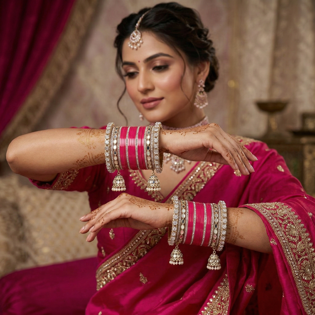 AYSIMA Kashvi – Rani Pink Bridal Bangle Set with Jhumka Charms & Mirror-Look Kadas - 40 pieces