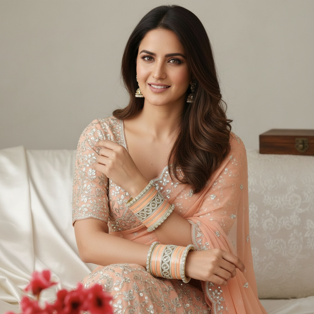 AYSIMA Aditi – Peach Bridal Bangles with Gold-Tone Floral Kadas - 42 pieces