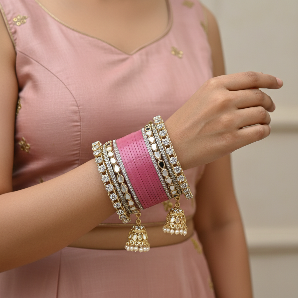 AYSIMA Roshni – Pink Bridal Bangle Set with Mirror-Look Kadas & Jhumka Charms - 36 pieces