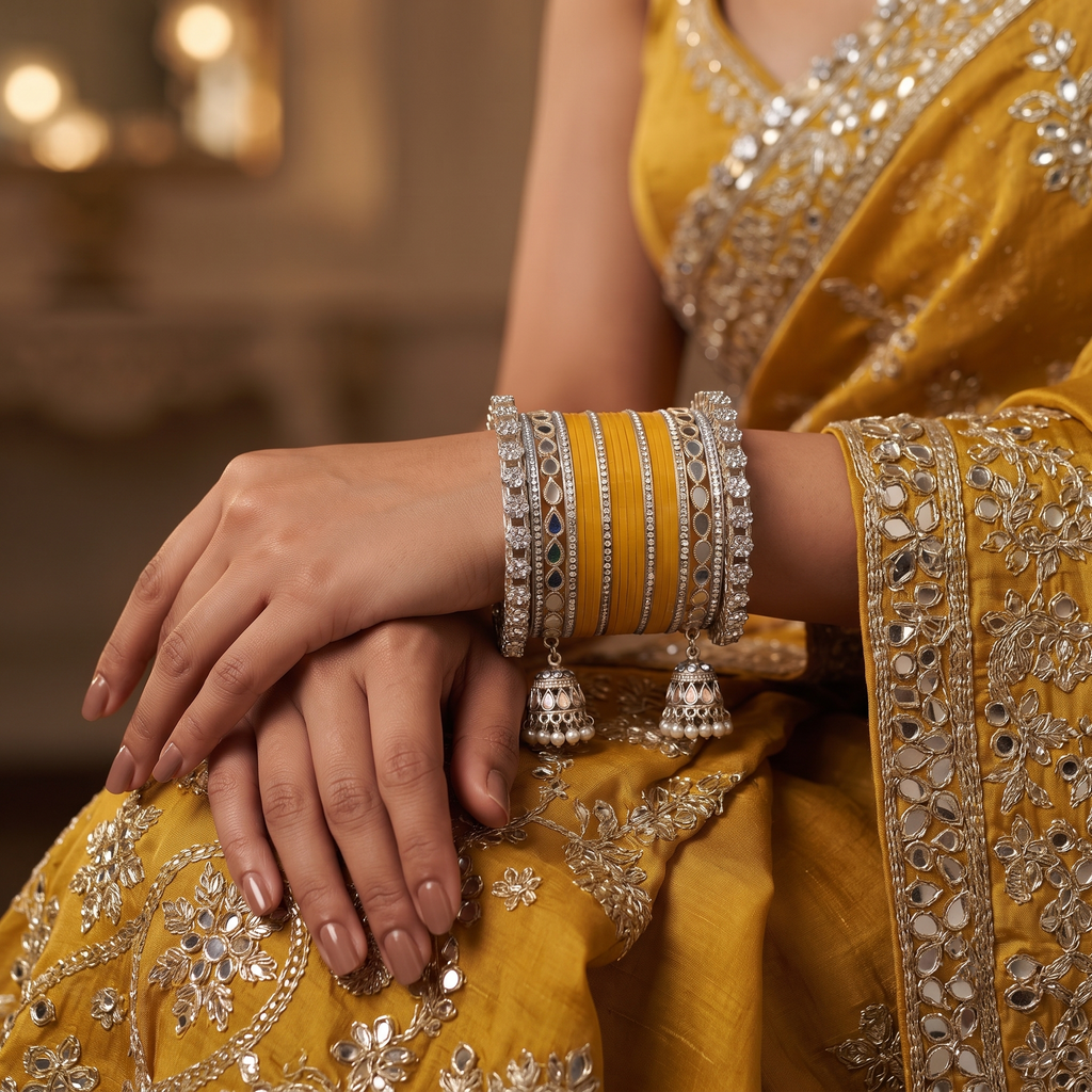 AYSIMA Avni – Yellow Haldi Bangles with Mirror-Look Kadas & Jhumka Charms - 40 pieces