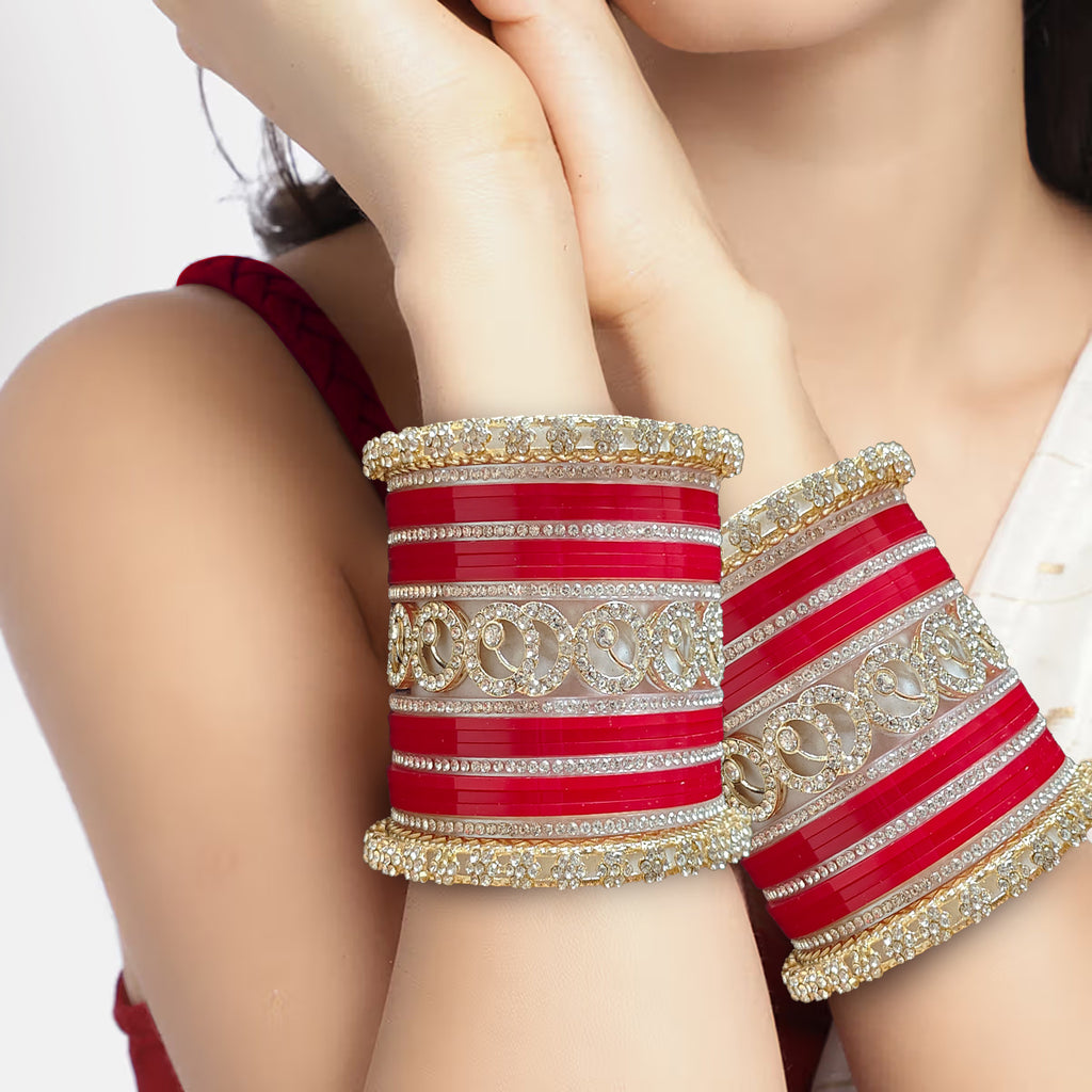 AYSIMA Radhika – Red Bridal Chura Bangles with Gold-Tone Floral Kadas - 42 pieces