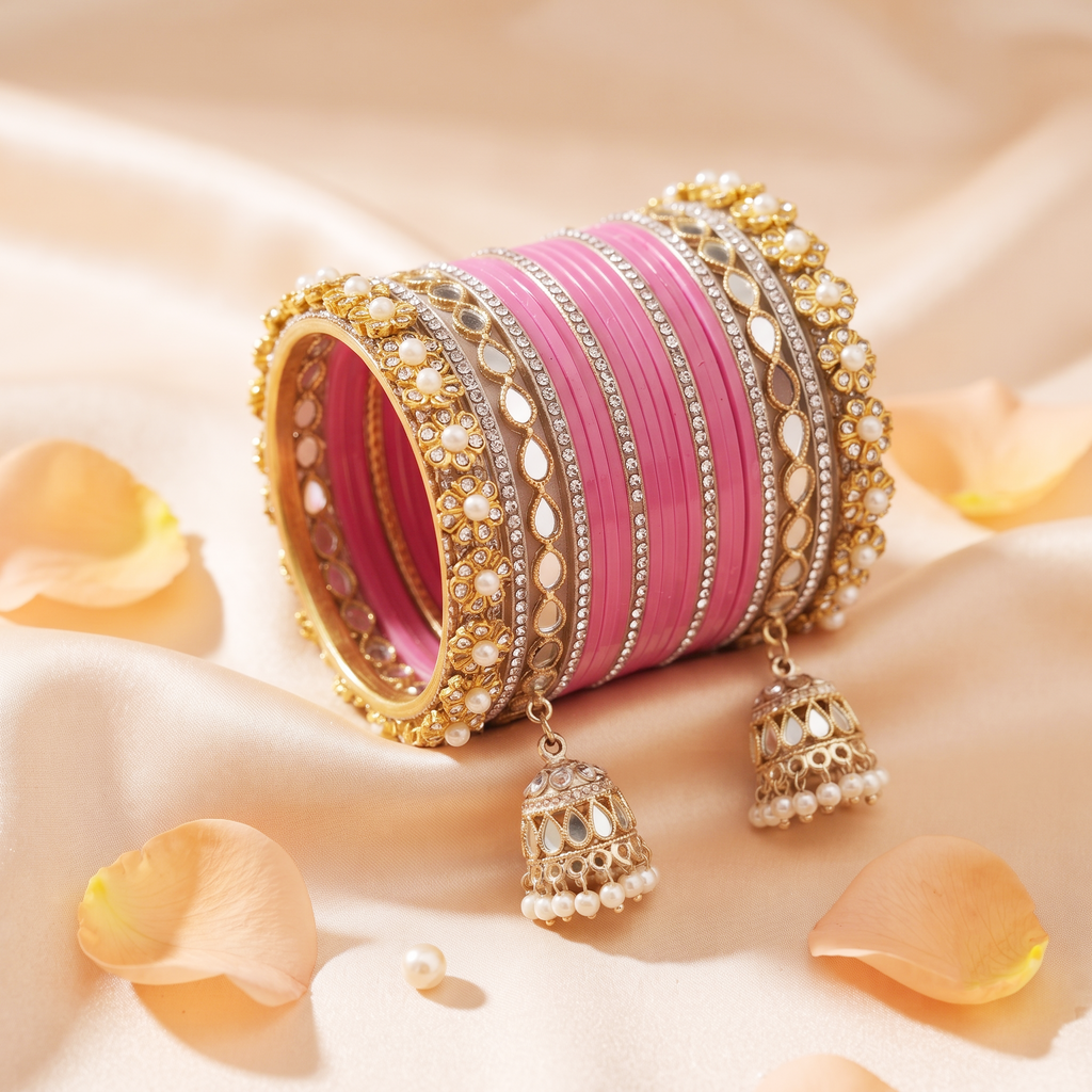 AYSIMA Pink Bridal Chura & Kangan Bangle Set – 40 Pieces