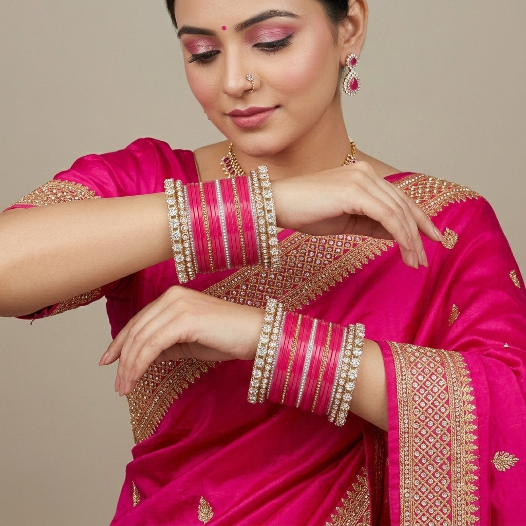 AYSIMA Manjari – Rani Pink Bridal Bangle Set with Floral Kadas | 42 Pieces