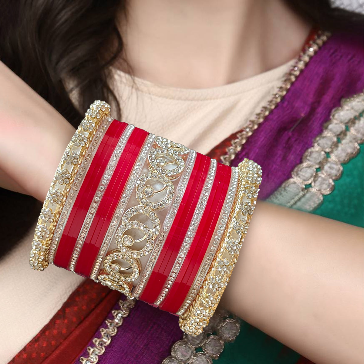 AYSIMA Radhika – Red Bridal Chura Bangles with Gold-Tone Floral Kadas - 42 pieces
