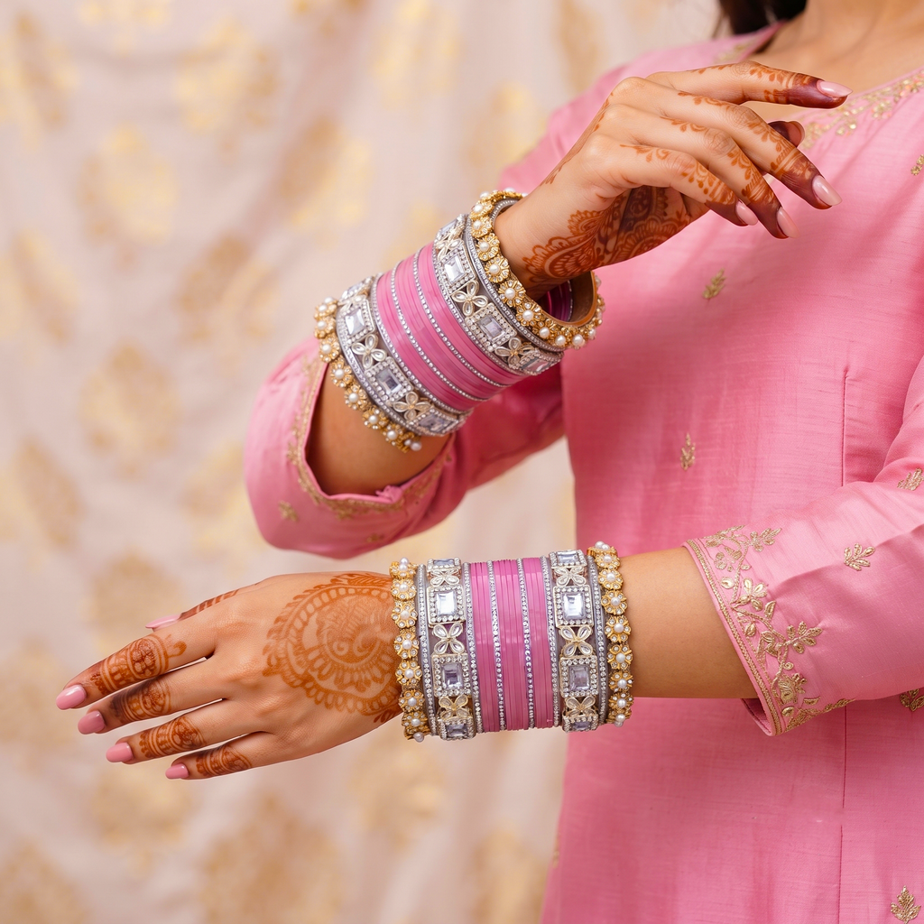 AYSIMA | 40-Piece Pink Bangle Set with Kada for Women