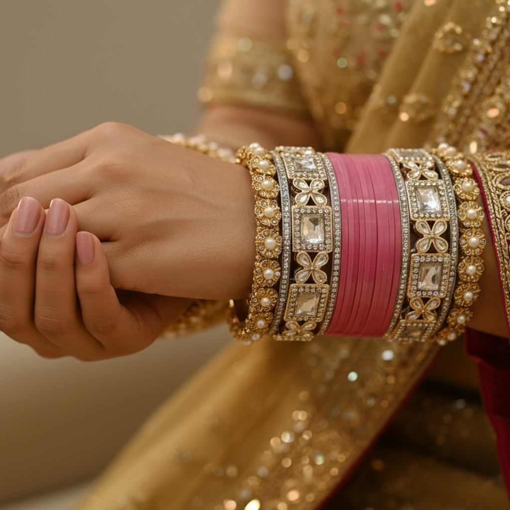 AYSIMA Pink Bridal Bangle Set with Kundan-Style Kadas – 36 Pieces