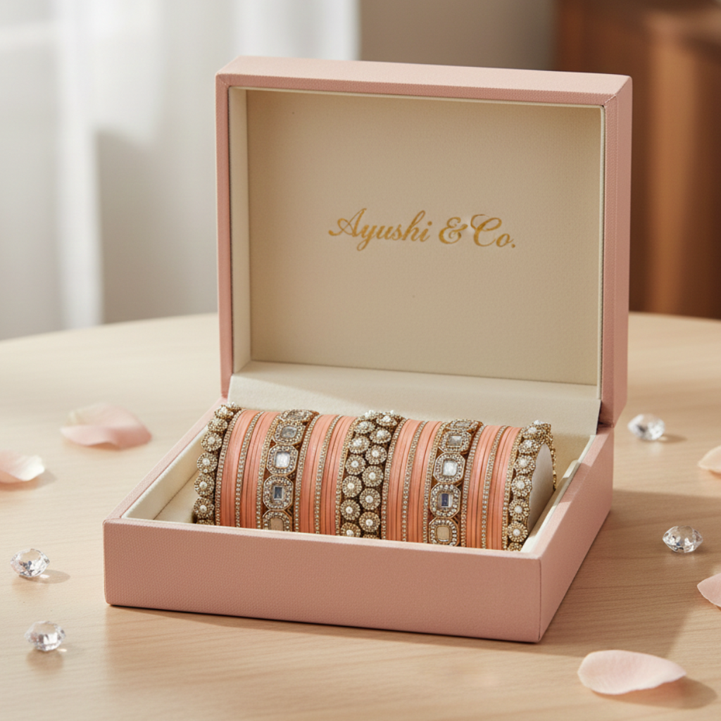 AYSIMA – Peach Bridal Bangle Set with Statement Kada - 42 pieces