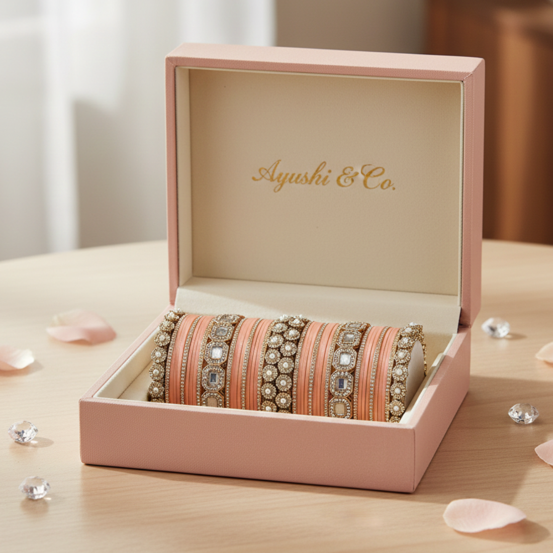 AYSIMA – Peach Bridal Bangle Set with Statement Kada - 42 pieces