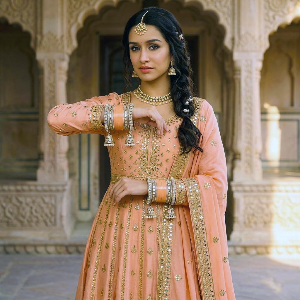 AYSIMA Mihika – Peach Bridal Bangle Set with Mirror-Look Kadas & Jhumka Charms - 36 pieces