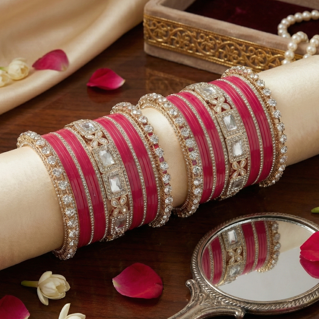 AYSIMA Rangini Rani Pink Bridal Bangles for Women | Floral Kada Wedding Bangle Set