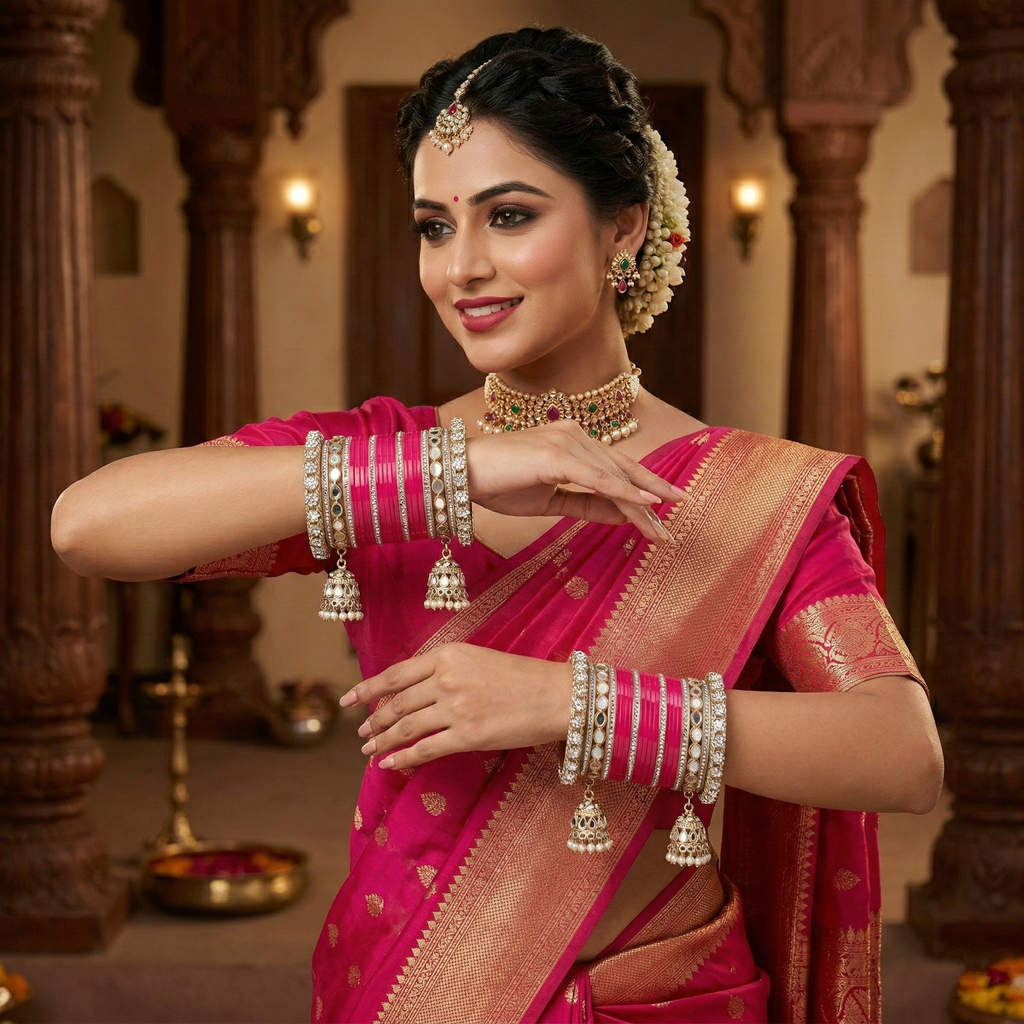 AYSIMA Kashvi – Rani Pink Bridal Bangle Set with Jhumka Charms & Mirror-Look Kadas - 40 pieces