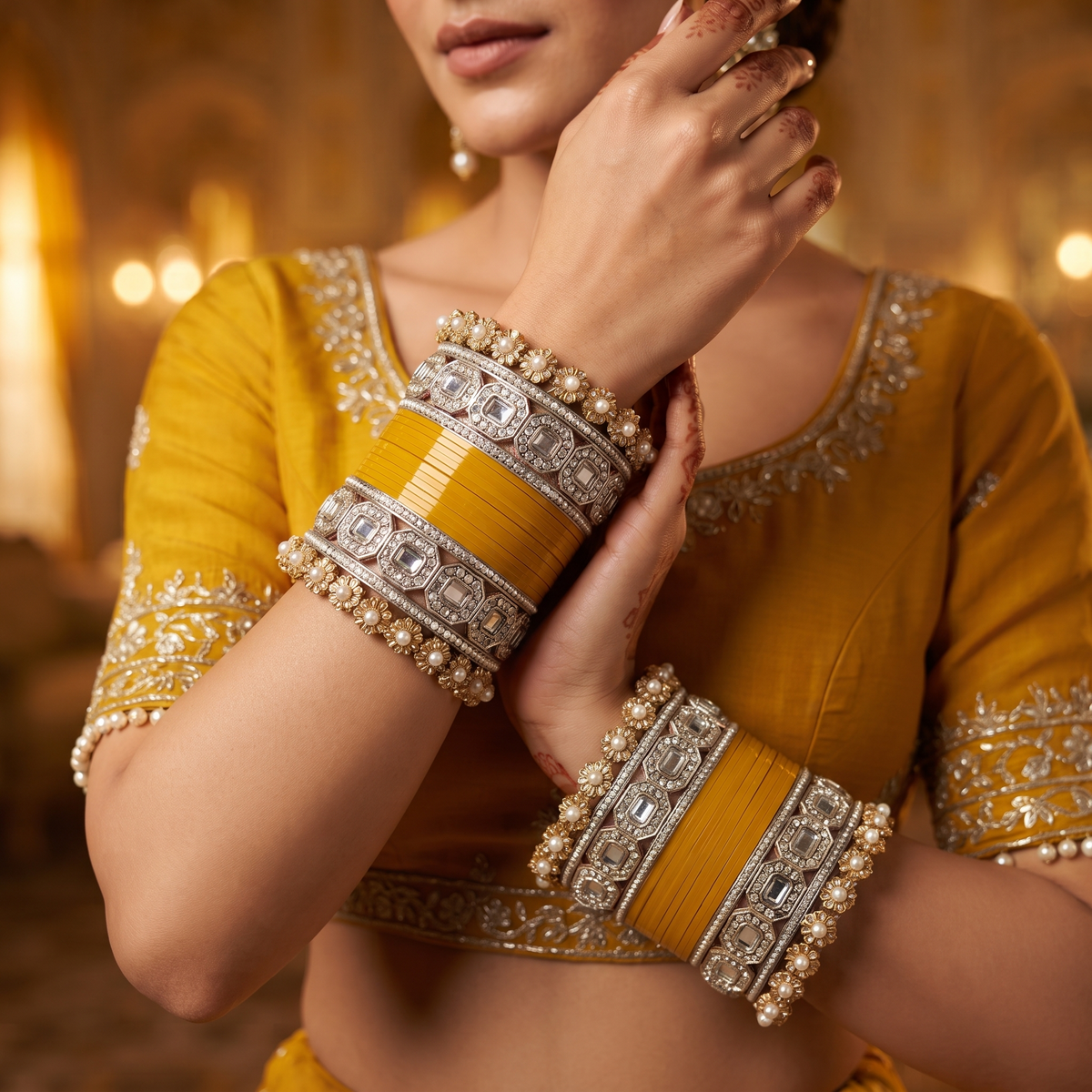AYSIMA Kesarika Yellow Haldi Bangle Set with Geometric & Floral Kadas - 36 pieces