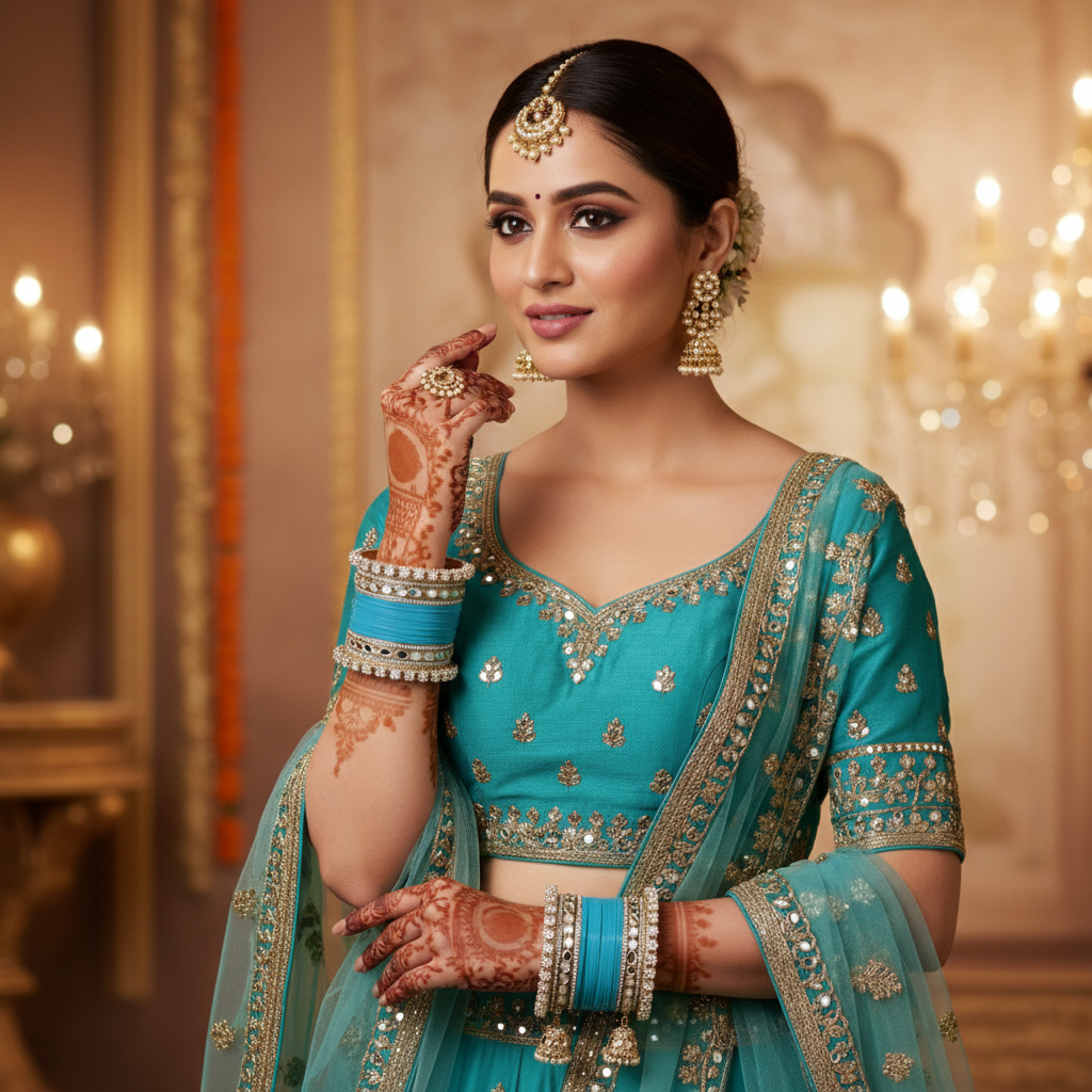 AYSIMA Sagarika – Aqua Blue Bridal Bangle Set with Jhumka Charms - 36 pieces