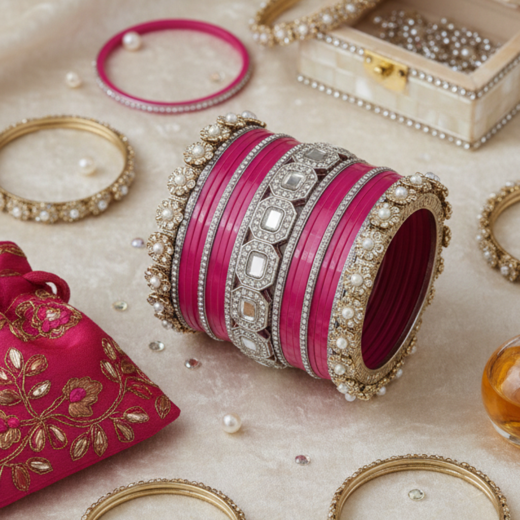 AYSIMA Rani Royale – Pink Bridal 42-Piece Bangle Set with Statement Kada