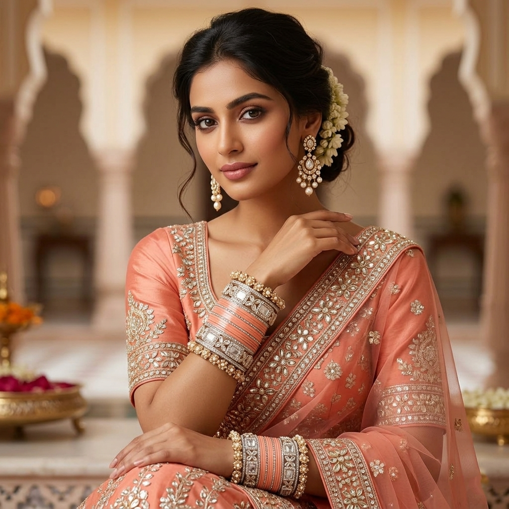 AYSIMA Tanvi – Peach Bridal Bangle Set with Floral Kadas & Pearl-Look Accents - 40 pieces