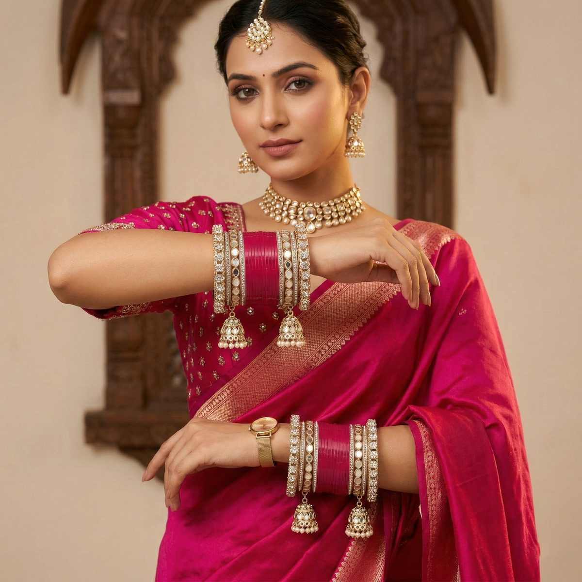AYSIMA Chandni – Rani Pink Bridal Bangle Set with Jhumka Charms - 36 pieces