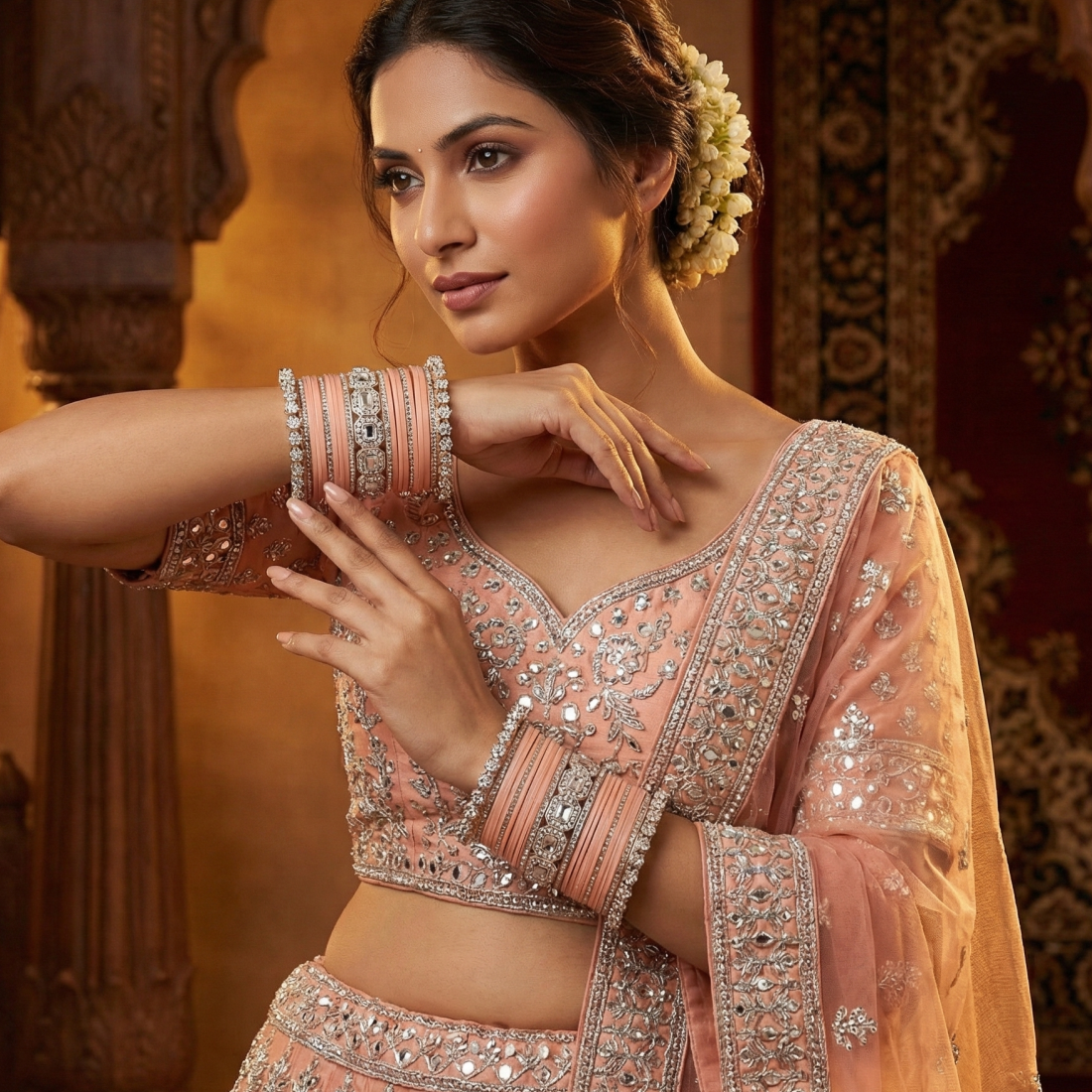 AYSIMA Blush Elegance – Peach 42-Piece Bridal Bangle Set with Statement Kada