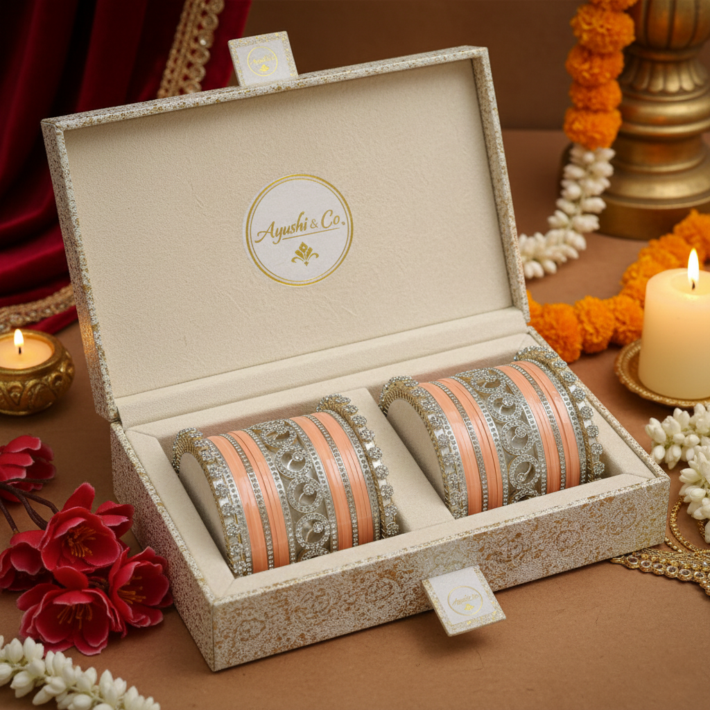 AYSIMA Aditi – Peach Bridal Bangles with Gold-Tone Floral Kadas - 42 pieces
