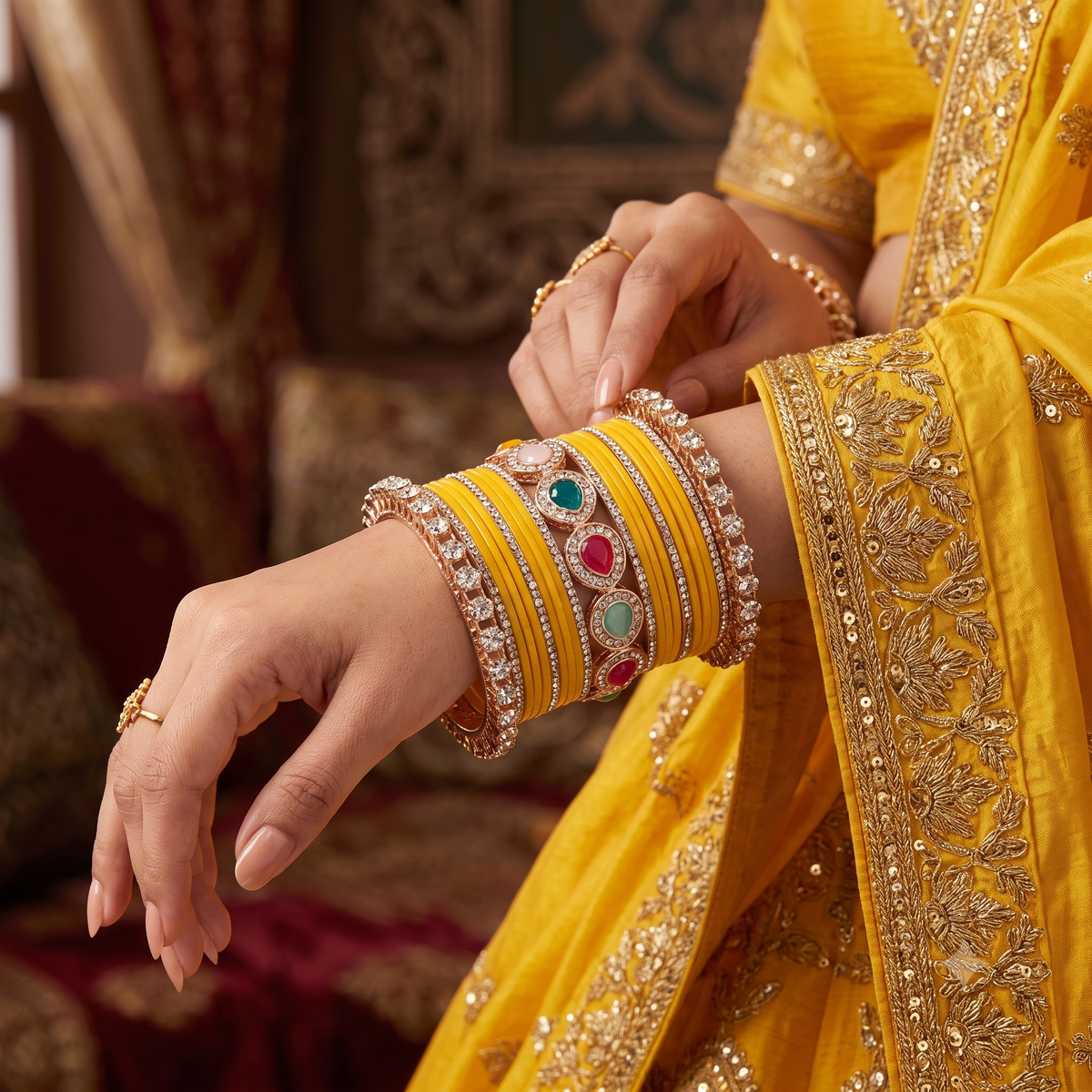 AYSIMA Kanika Yellow Haldi Bangle Set with Multicolour Bridal Kada
