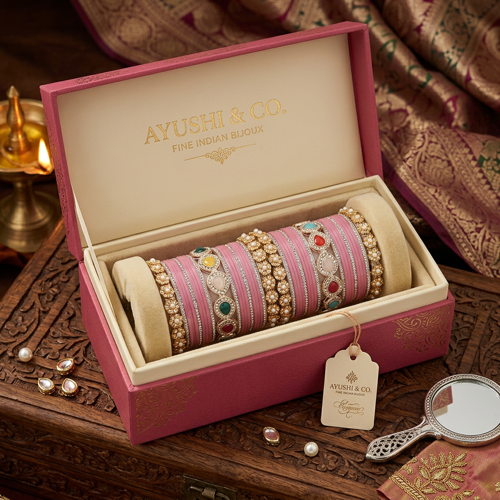 AYSIMA Gulabi Royale – Pink Bridal Bangle Set with Statement Kada - 42 pieces