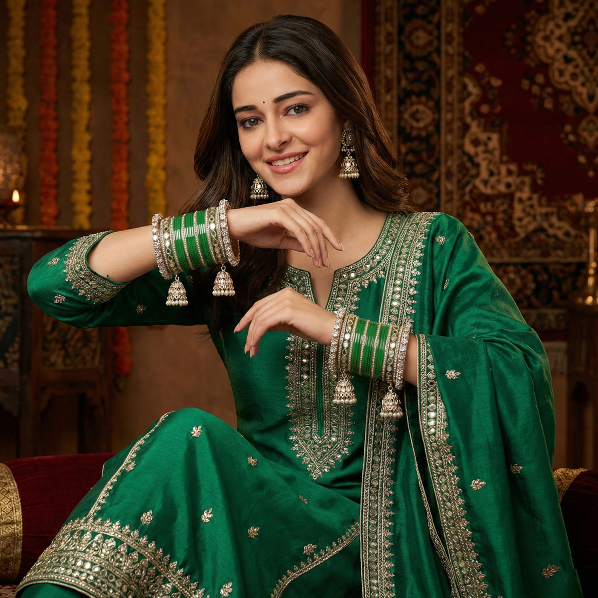 AYSIMA Aranya – Green Mehendi Bangle Set with Jhumka Charms - 40 pieces