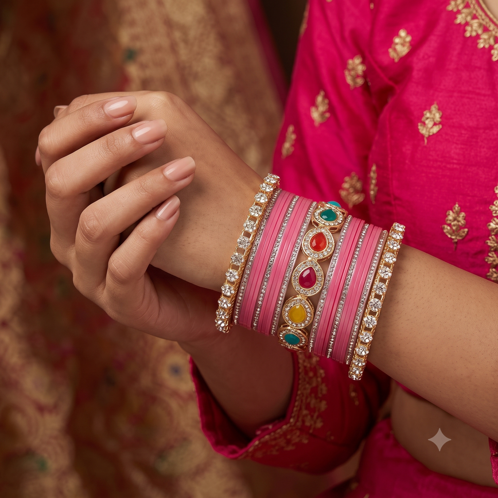 AYSIMA Pankhuri Pink Bridal Bangle Set with Multicolour Kada
