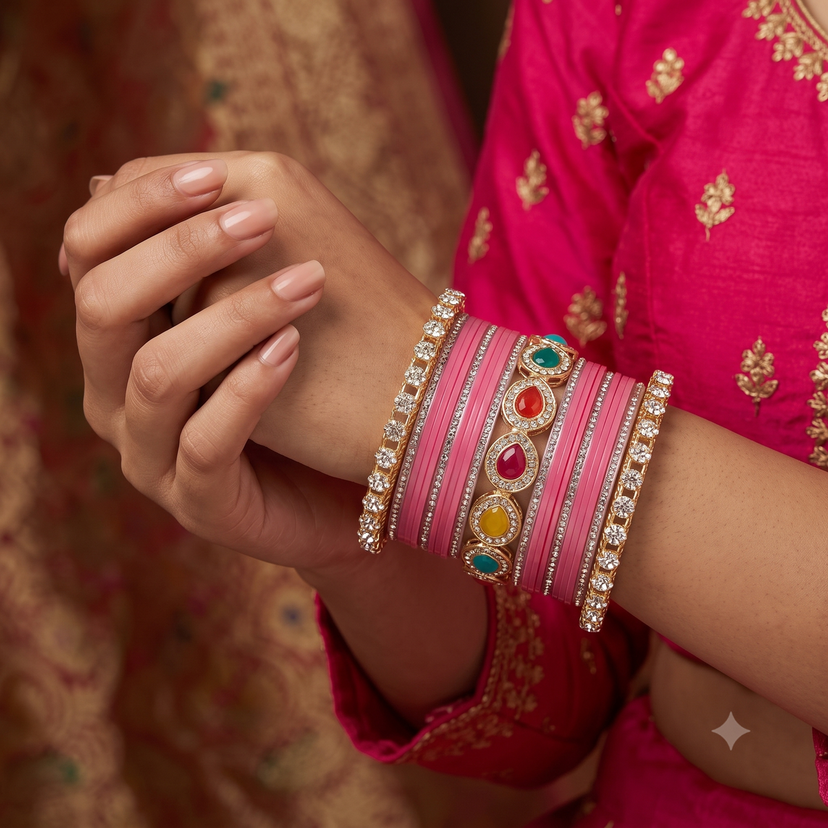 AYSIMA Pankhuri Pink Bridal Bangle Set with Multicolour Kada