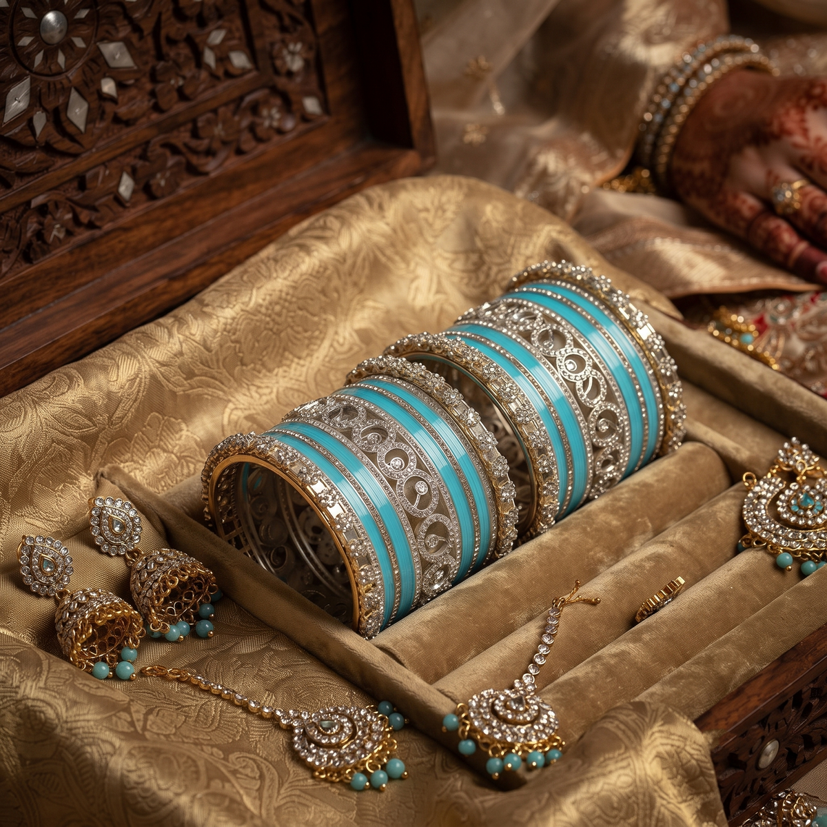 AYSIMA Indira – Aqua Blue Bridal Bangle Set with Floral Kadas - 42 pieces