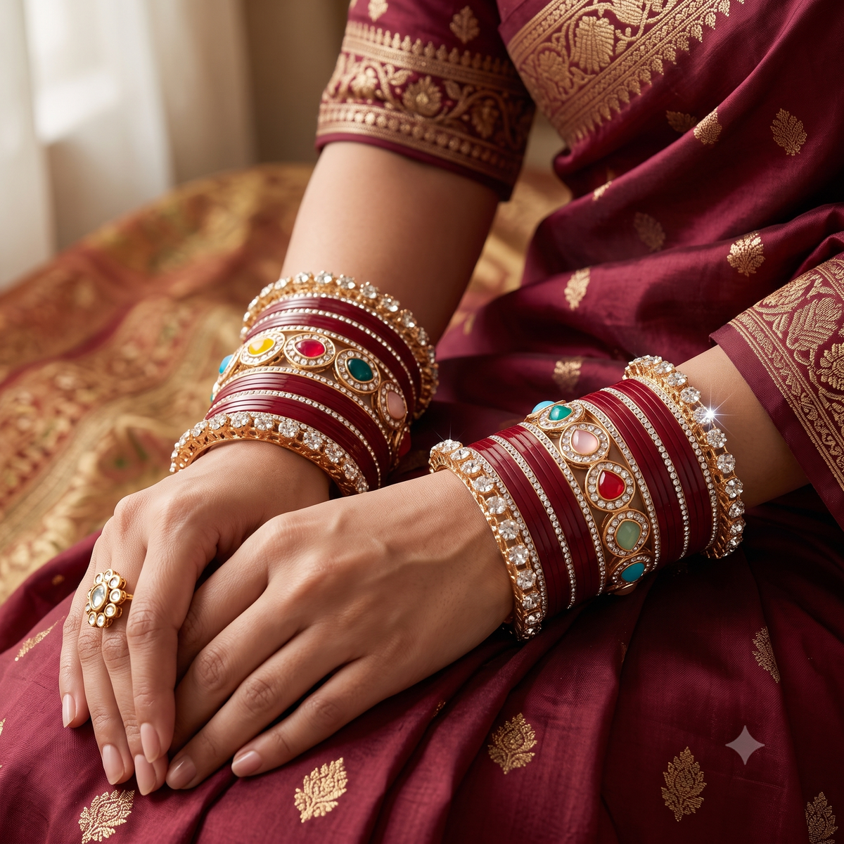 AYSIMA Rajnandini Maroon Bridal Bangle Set with Multicolour Kada
