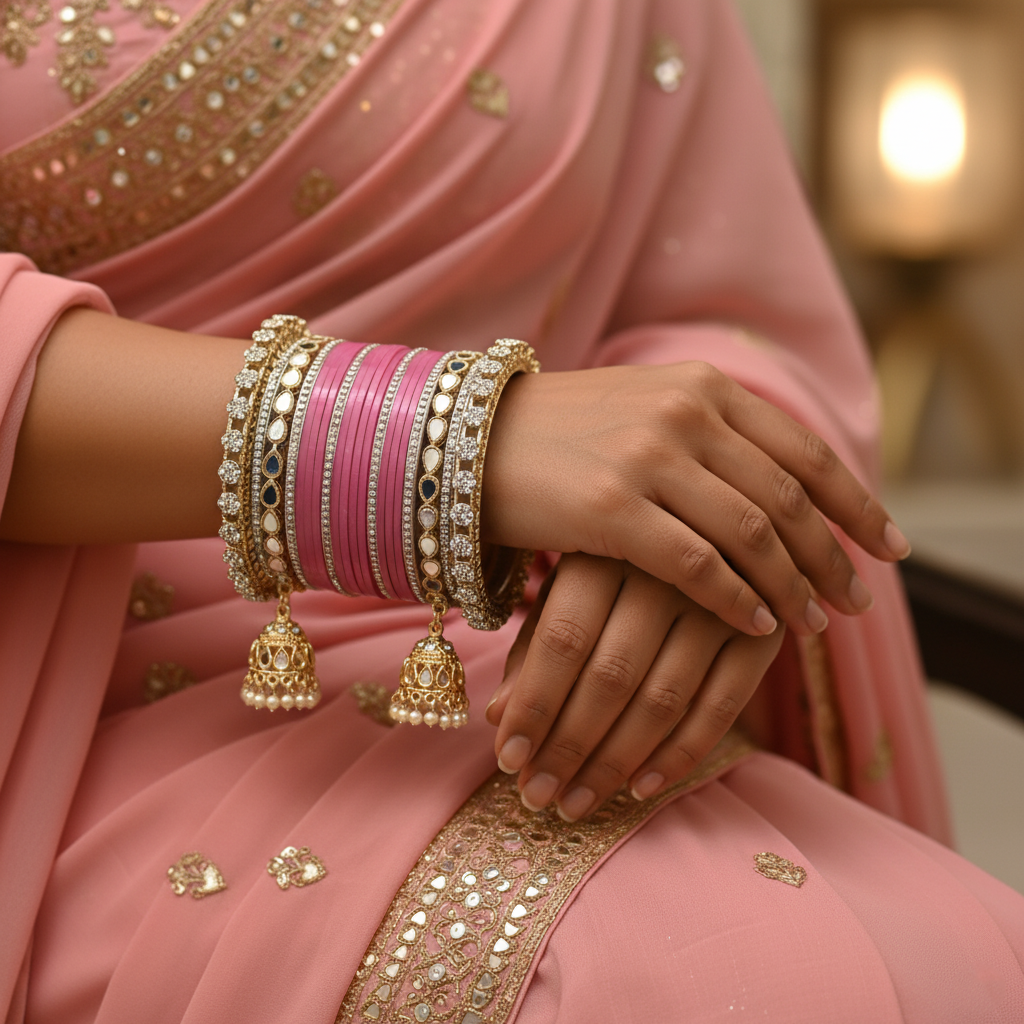 AYSIMA Mrinalini – Rose Pink Bridal Bangles with Jhumka Charms & Mirror-Look Kadas - 40 pieces