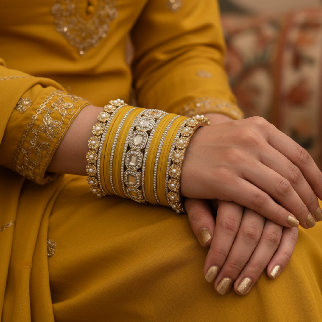 AYSIMA Kanakshree – Golden Yellow Bridal Bangle Set with Statement Kada - 42 pieces