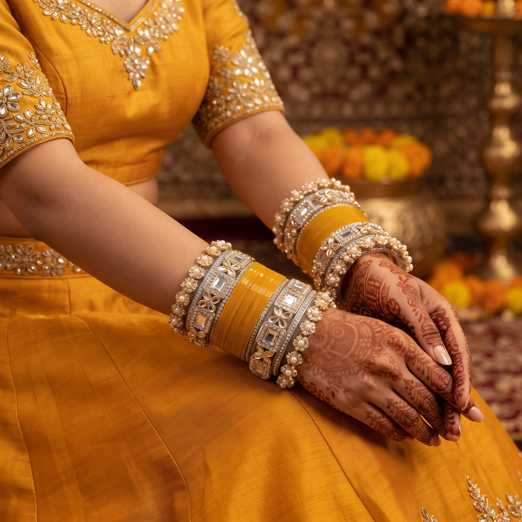 AYSIMA Mustard Yellow Bridal Chura & Kangan Bangle Set - 36 pieces