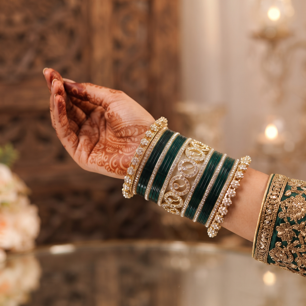 AYSIMA Vasudha – Bottle Green Bridal Bangle Set with Gold-Tone Floral Kadas - 42 pieces