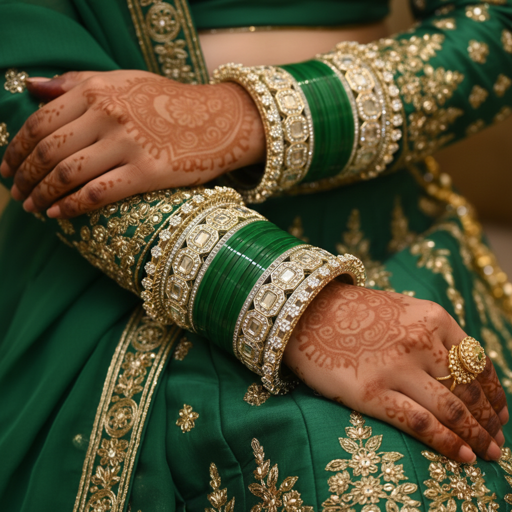 AYSIMA Green Bridal Bangles & Geometric Kadas – Vrinda - 36 pieces