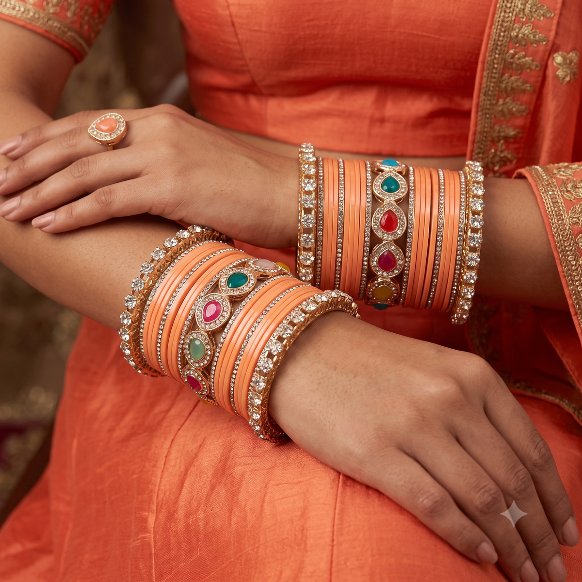 AYSIMA Aarohi Peach Bridal Bangle Set with Multicolour Kada