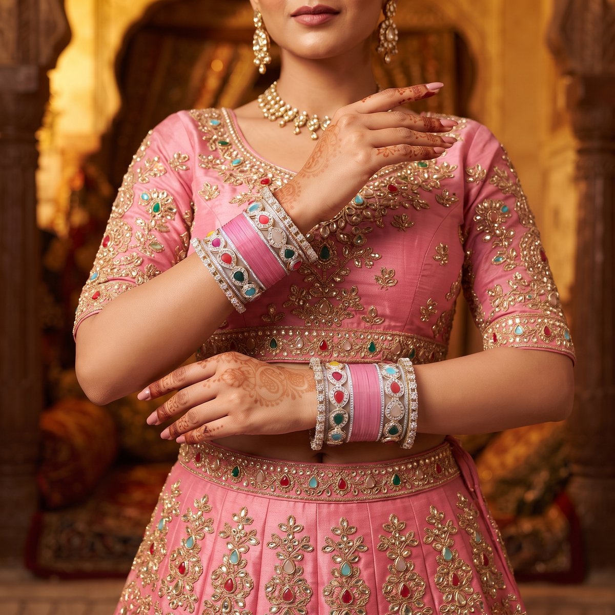Pink Bridal Bangles & Multicolour Kadas | AYSIMA Malvika - 36 pieces