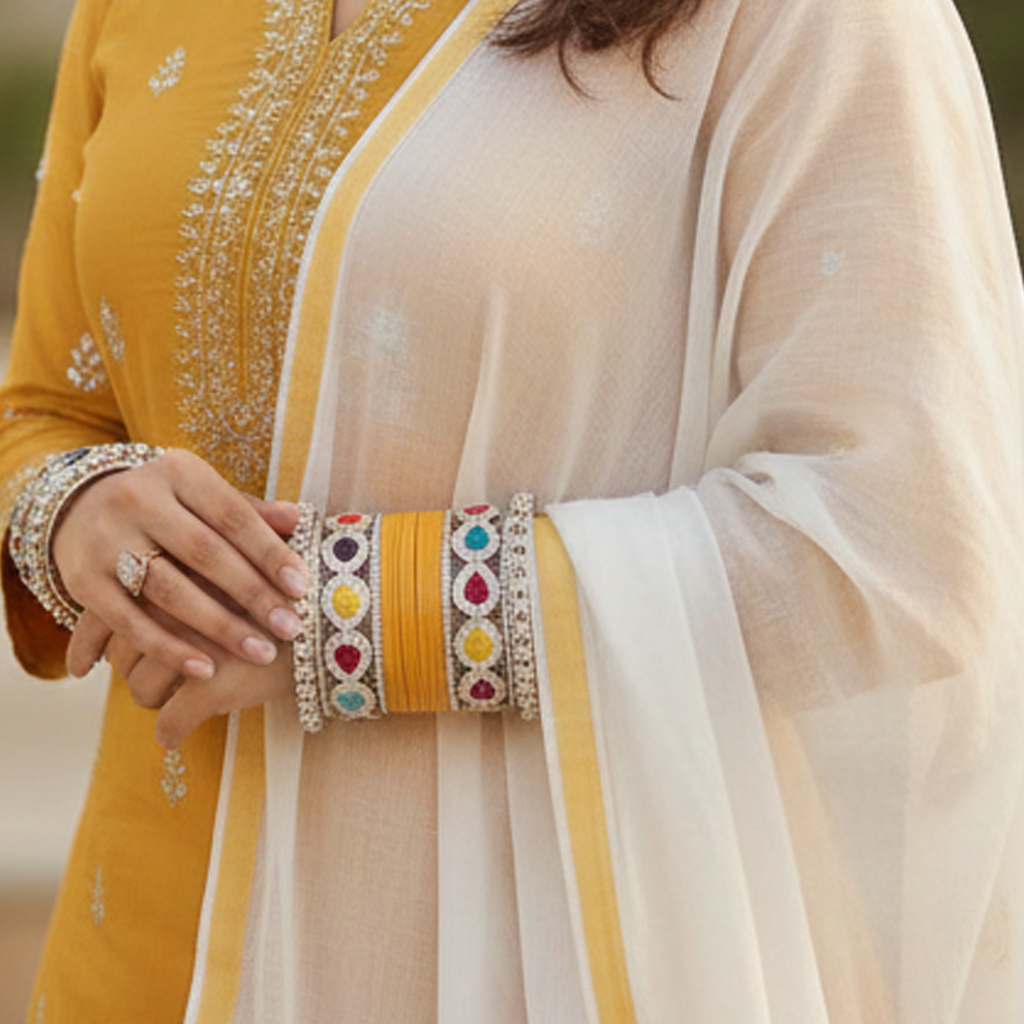 AYSIMA Yellow Haldi Bangles & Multicolour Kadas | Pihu - 36 pieces