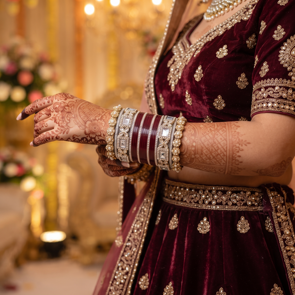 AYSIMA Manasvi – Maroon Bridal Bangles with Floral Kadas & Pearl-Look Accents - 40 pieces