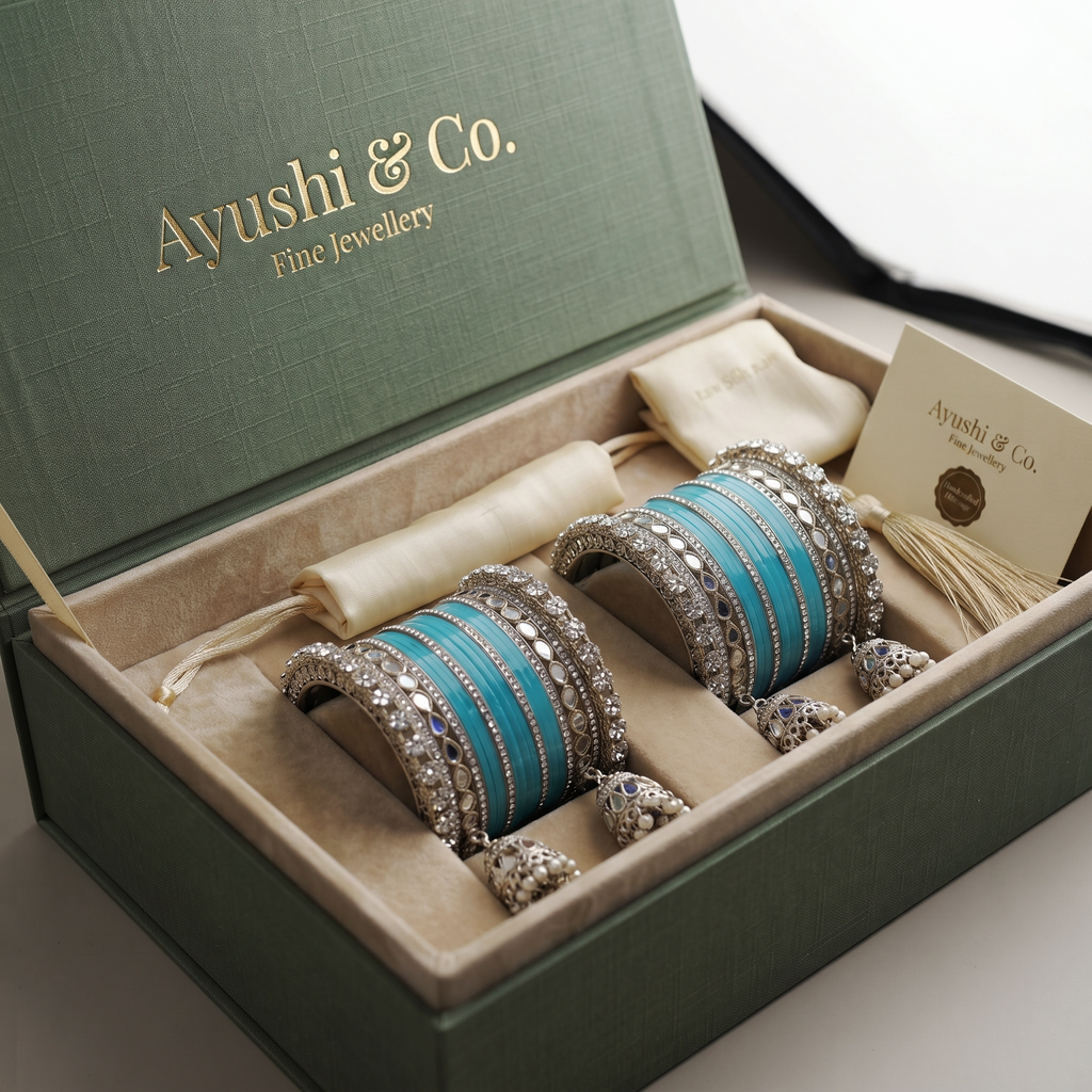 AYSIMA Neelakshi – Aqua Blue Bridal Bangle Set with Mirror-Look Kadas & Jhumka Charms - 40 pieces