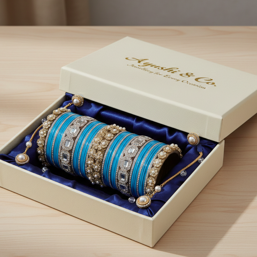 AYSIMA Sapphire Teal Royale – Blue 42-Piece Bridal Bangle Set with Statement Kada