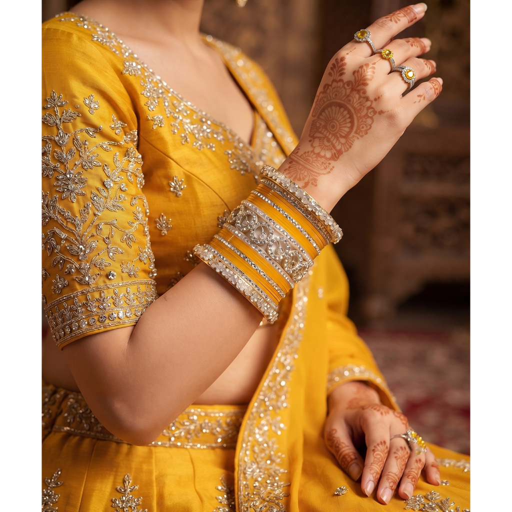 AYSIMA Surabhi – Yellow Haldi Bangle Set with Gold-Tone Floral Kadas - 42 pieces