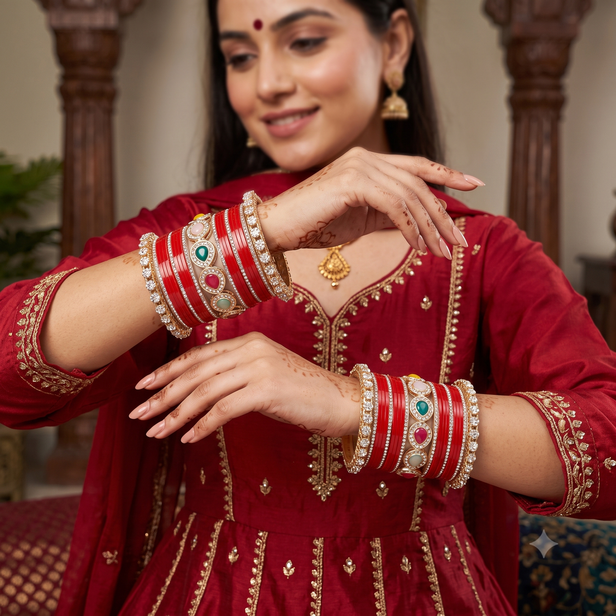 AYSIMA Suhaani Red Bridal Bangle Set with Multicolour Kada