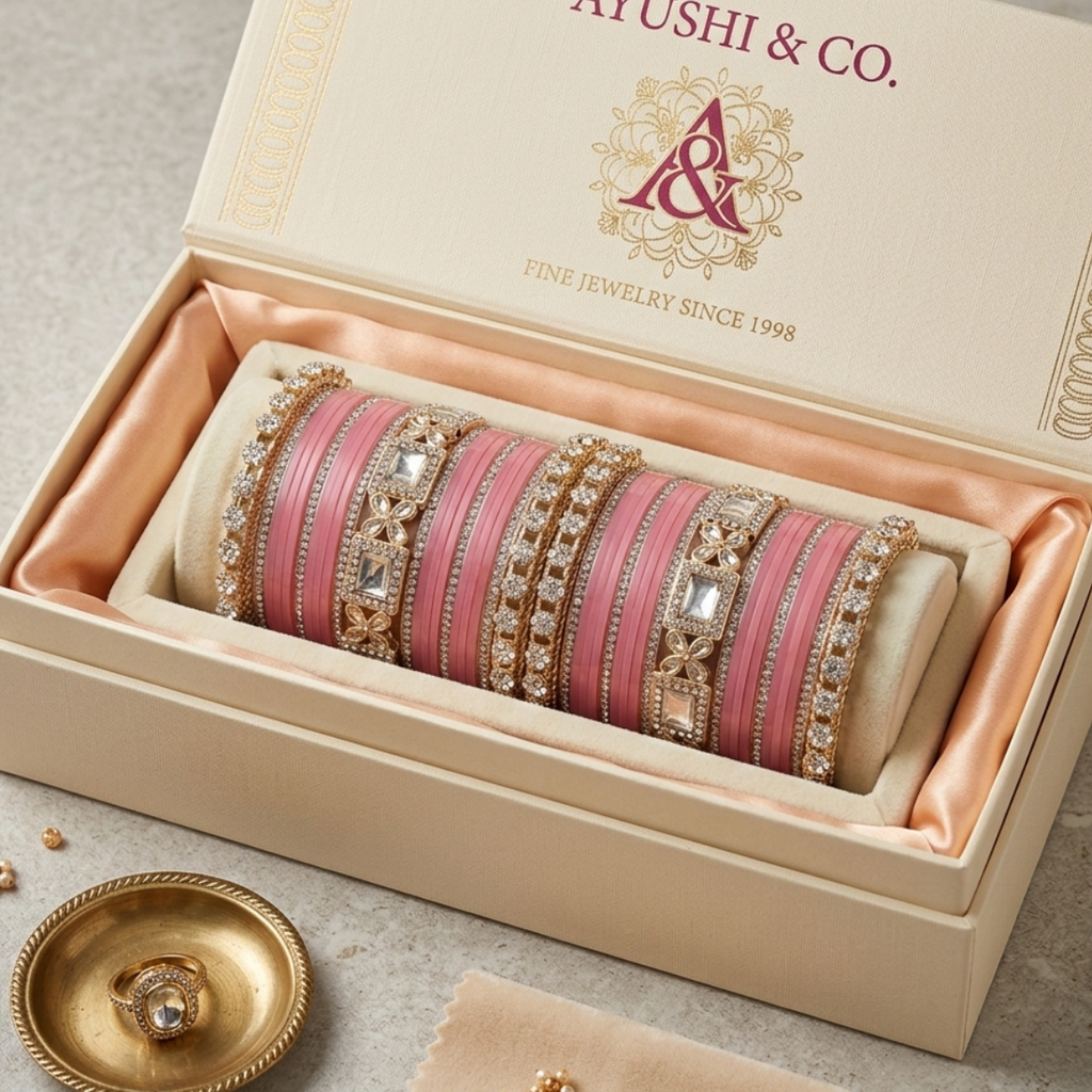 AYSIMA Gulika Pink Wedding Bangles for Women | Bridal Bangle Set with Floral Kadas
