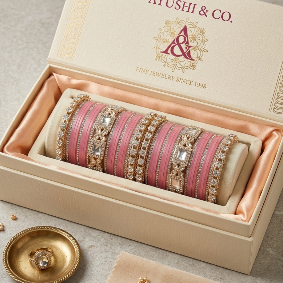 AYSIMA Gulika Pink Wedding Bangles for Women | Bridal Bangle Set with Floral Kadas